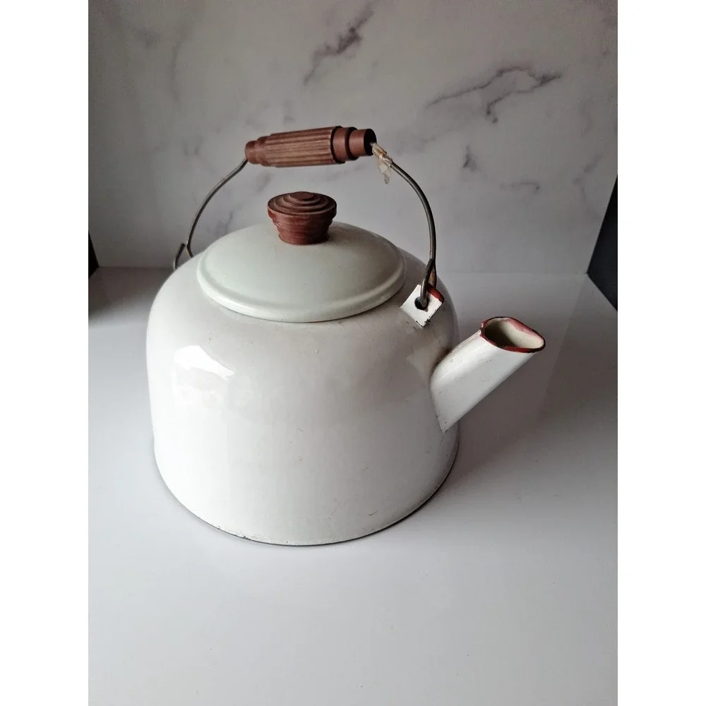 Vintage Antique 1960's Enamel Tea Pot White Red & Brown Trim Very Good Condition